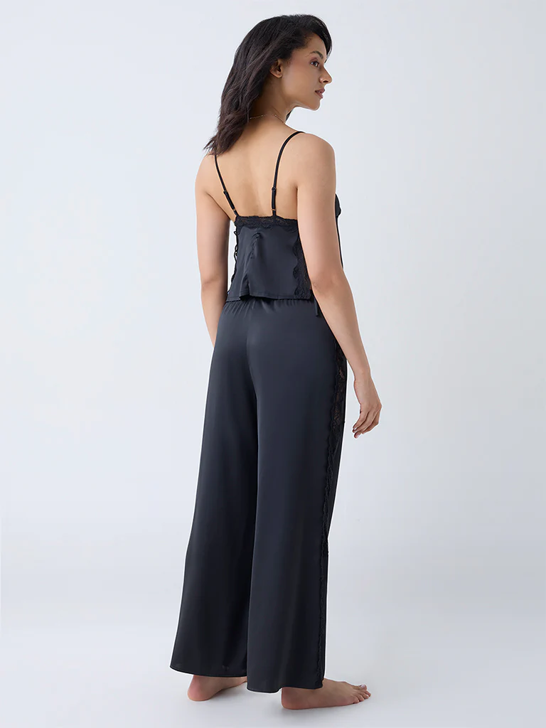 Wunderlove Black Lace-Detailed High-Rise Satin Pants - Image 4