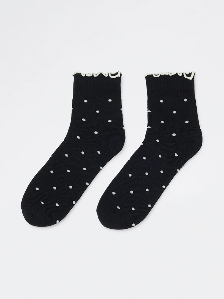 Wunderlove Black Polka-Dot Cotton-Blend Socks