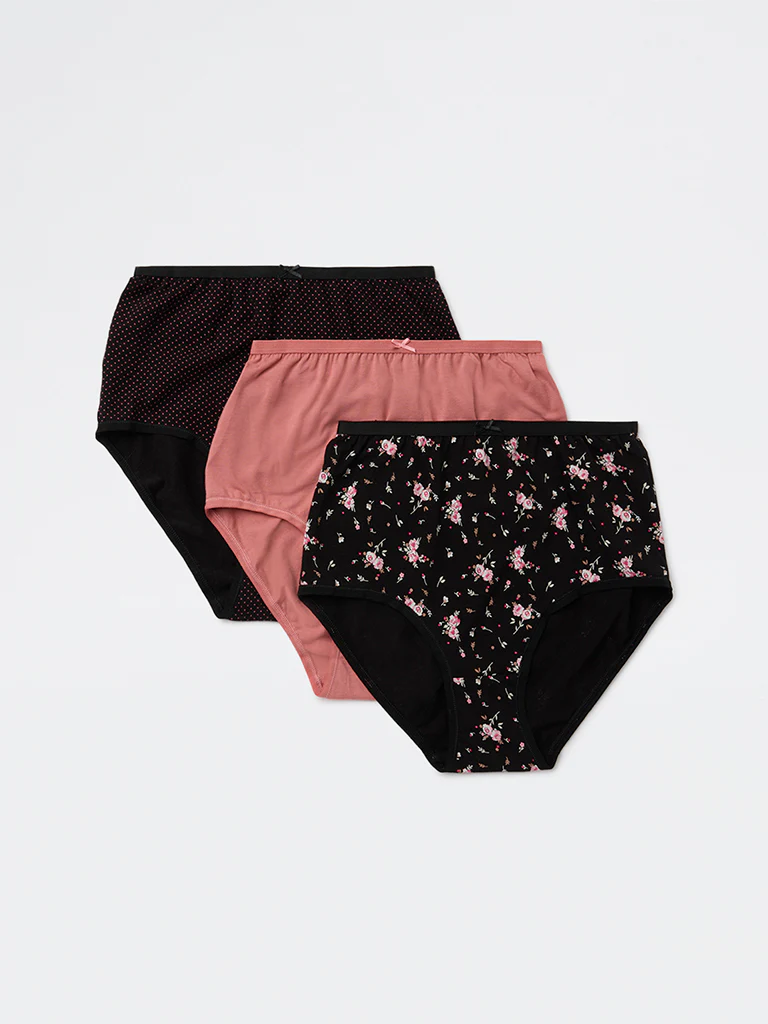 Wunderlove Black Printed Cotton-Blend Full Briefs - Pack of 3 - Image 2