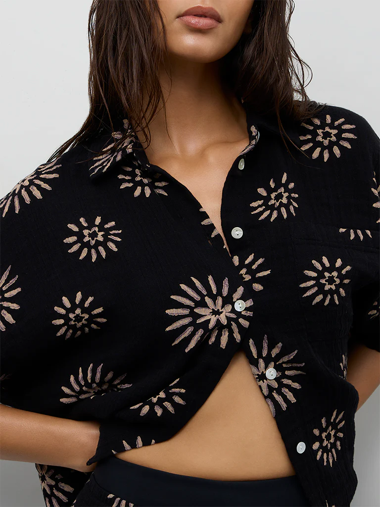 Wunderlove Black Printed Crinkle-Textured Cotton Beach Shirt - Image 3