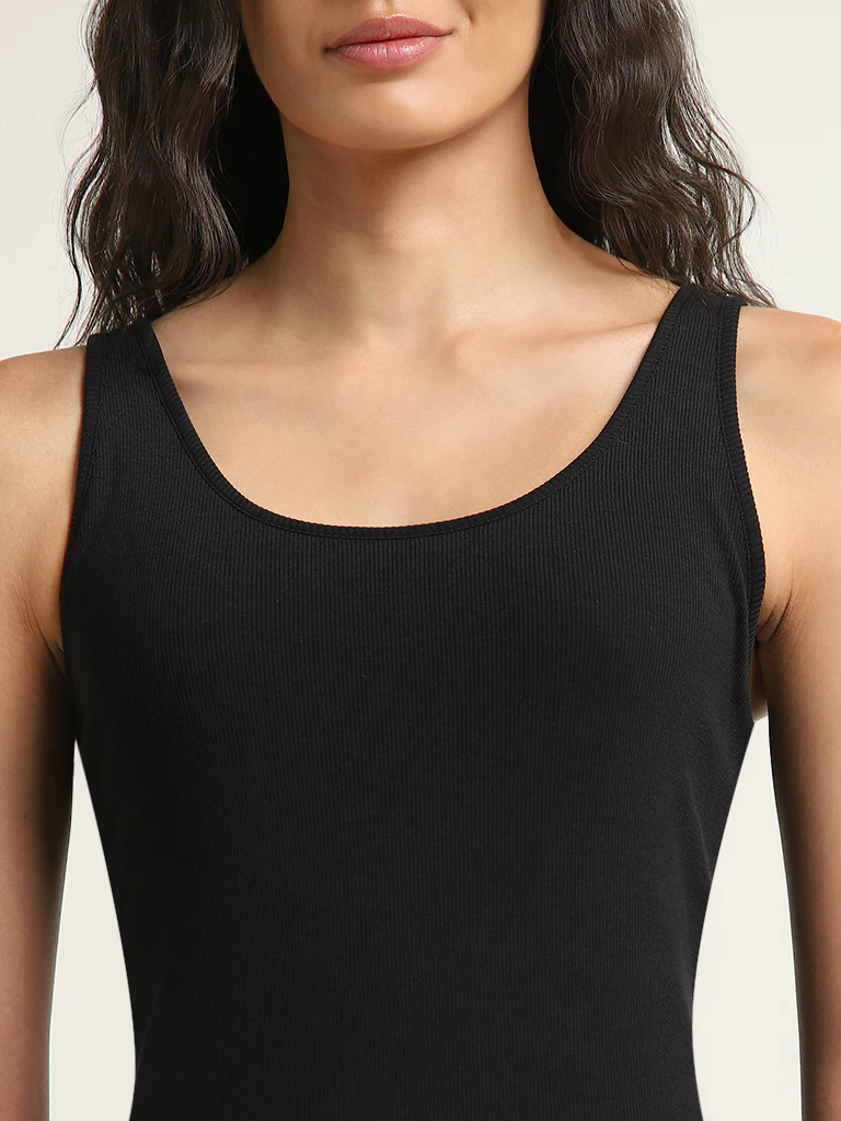 Wunderlove Black Ribbed Textured Cotton-Blend Camisole - Image 2