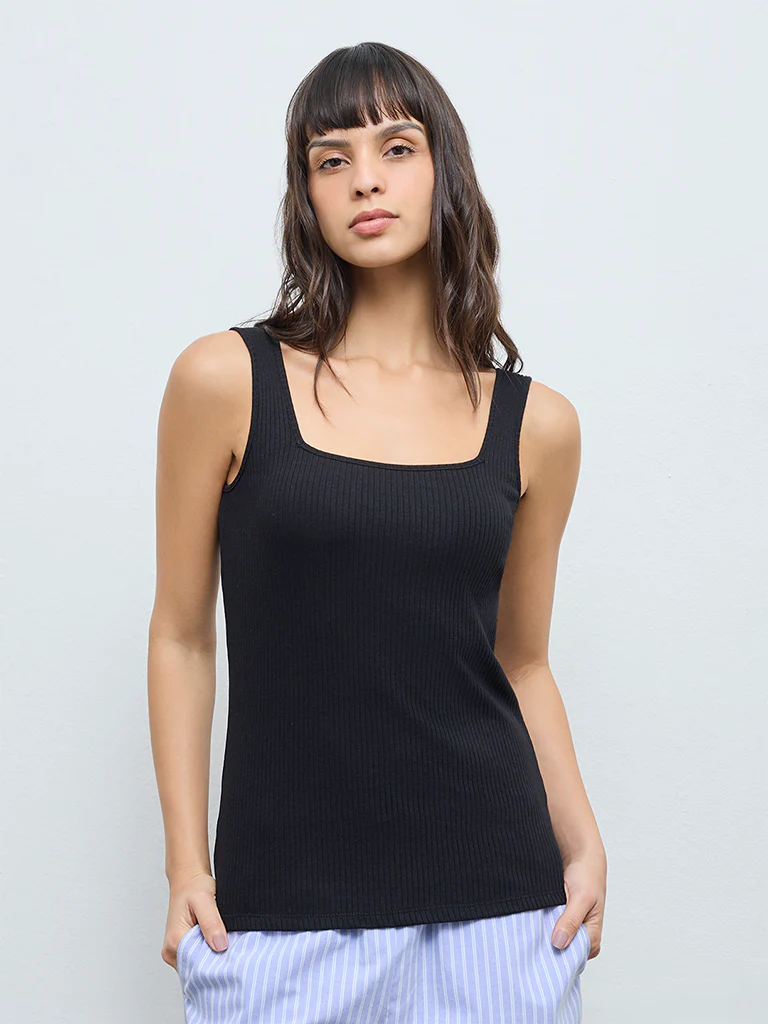 Wunderlove Black Ribbed-Textured Cotton-Blend Tank Top