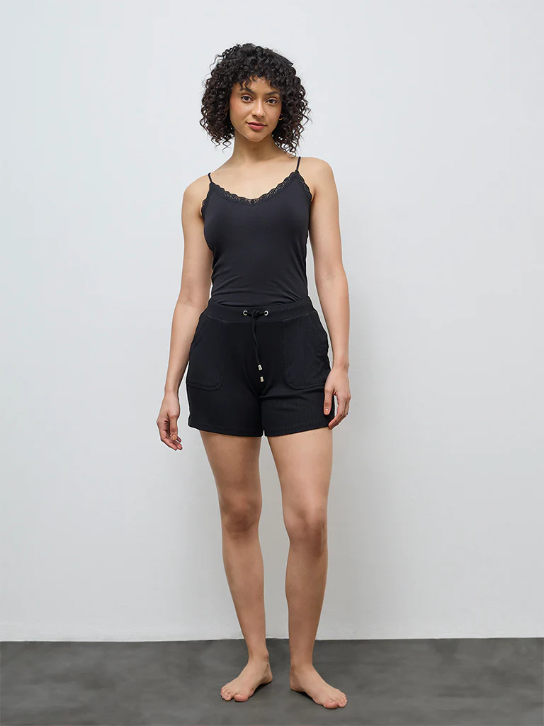 Wunderlove Black Ribbed-Textured High-Rise Shorts