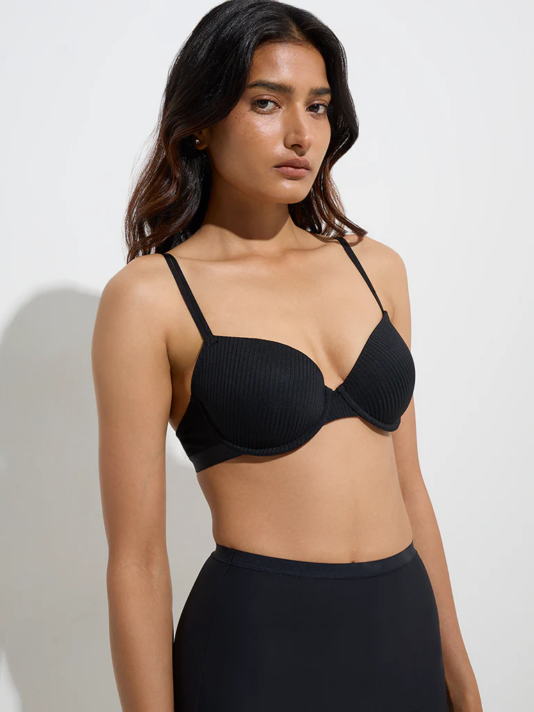 Wunderlove Black Self-Striped Under-Wired Bra - Image 2
