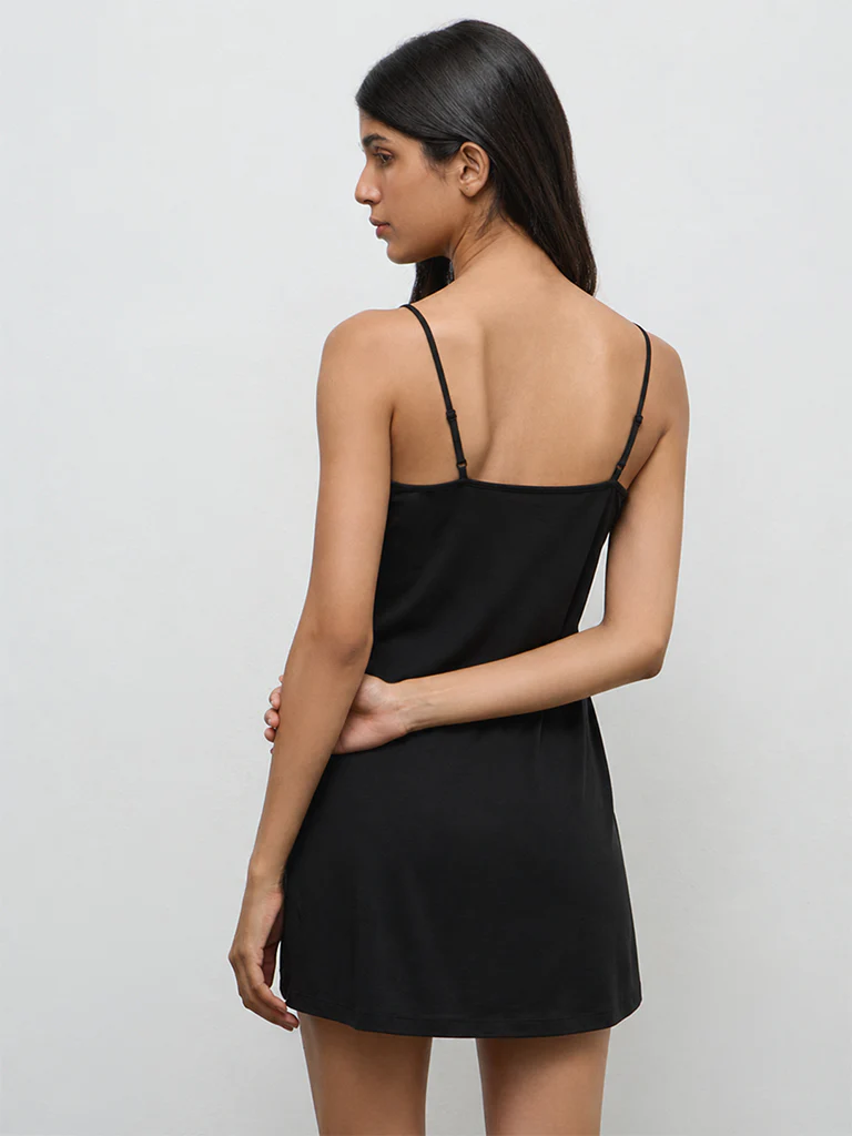 Wunderlove Black Solid Cotton-Blend Slip Dress - Image 4