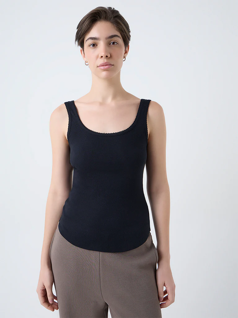 Wunderlove Black Solid Cotton Camisole - Image 2
