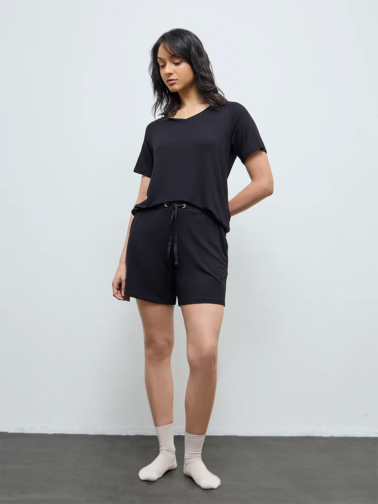Wunderlove Black Solid High-Rise Cotton-Blend Shorts