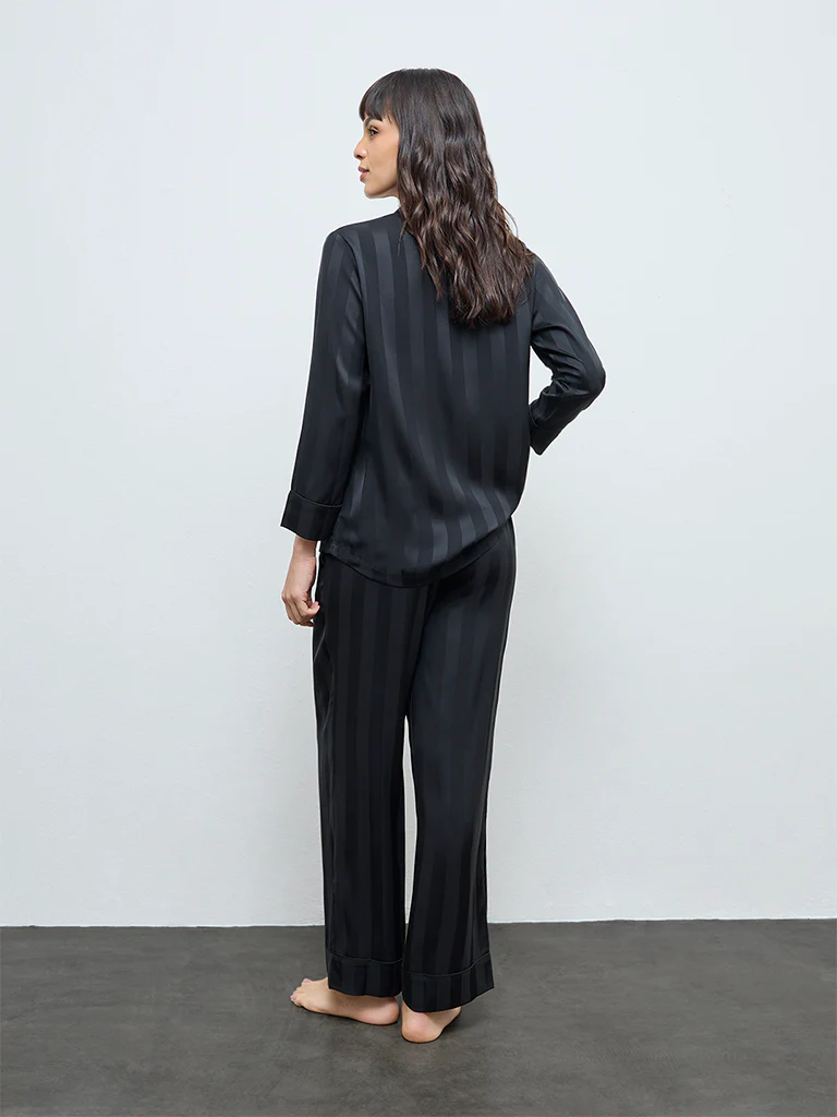 Wunderlove Black Striped Satin Shirt and Pyjamas Set - Image 4