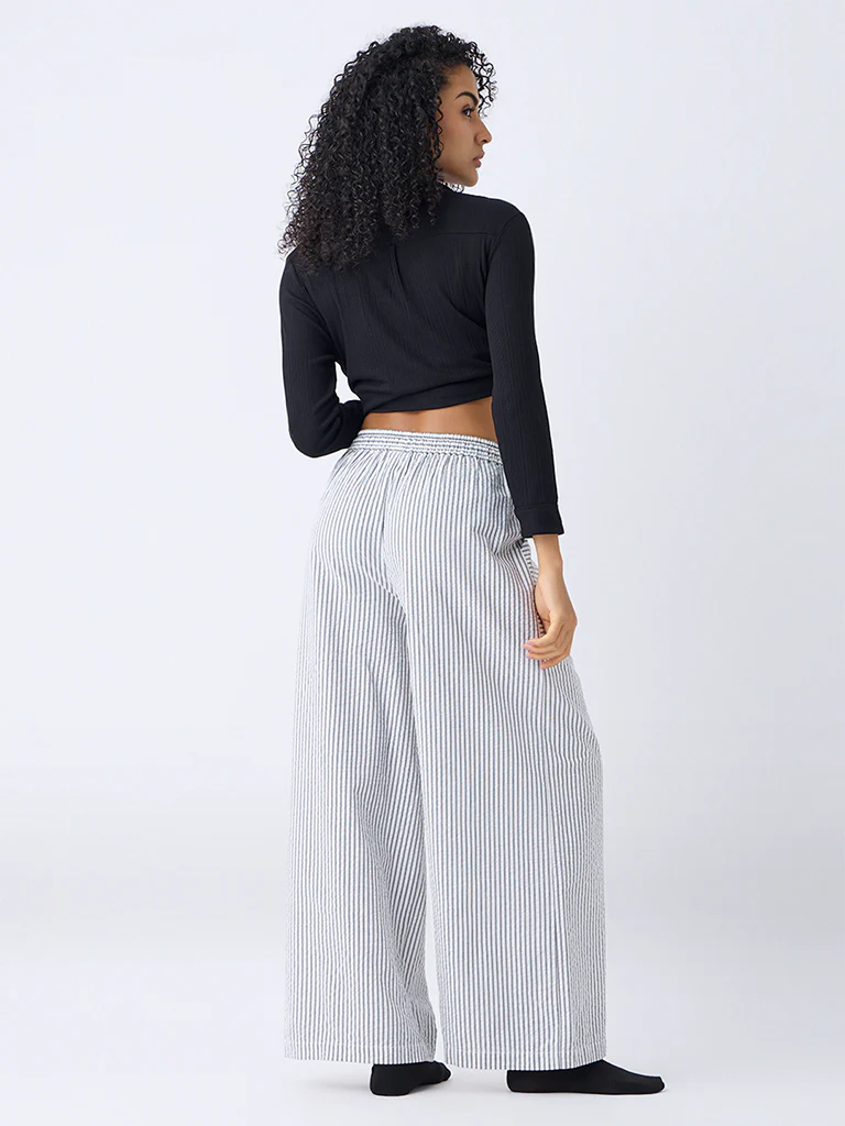 Wunderlove Black Striped Wide-Leg High-Rise Cotton Pants - Image 4