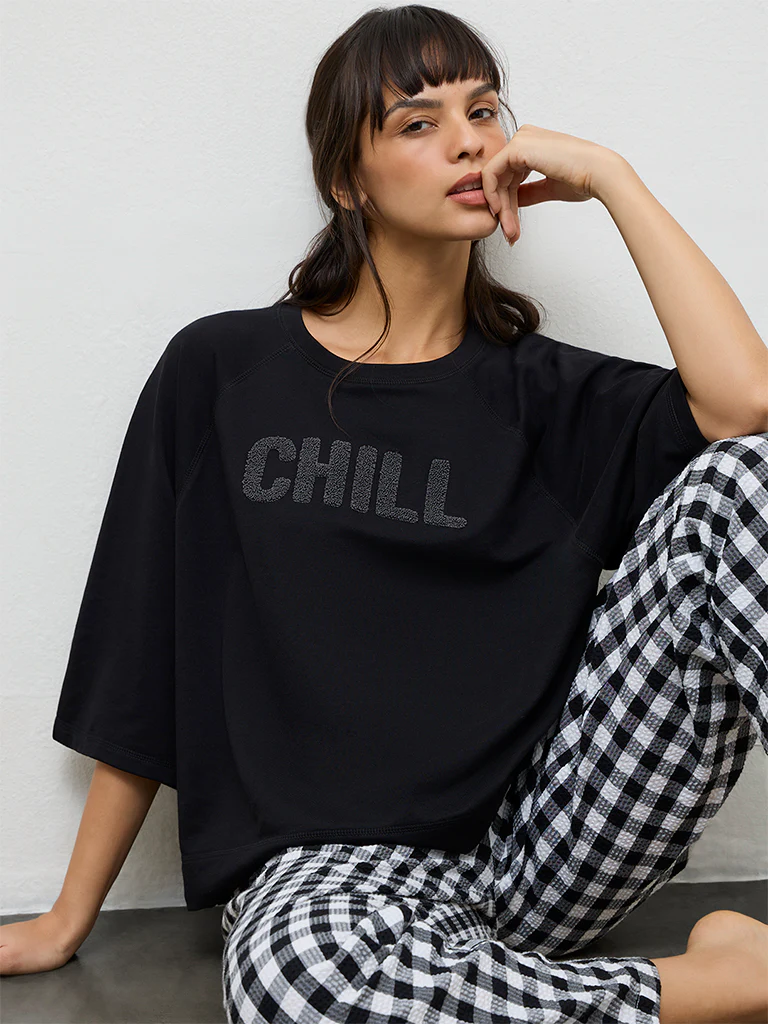 Wunderlove Black Text Embroidered Cotton T-Shirt