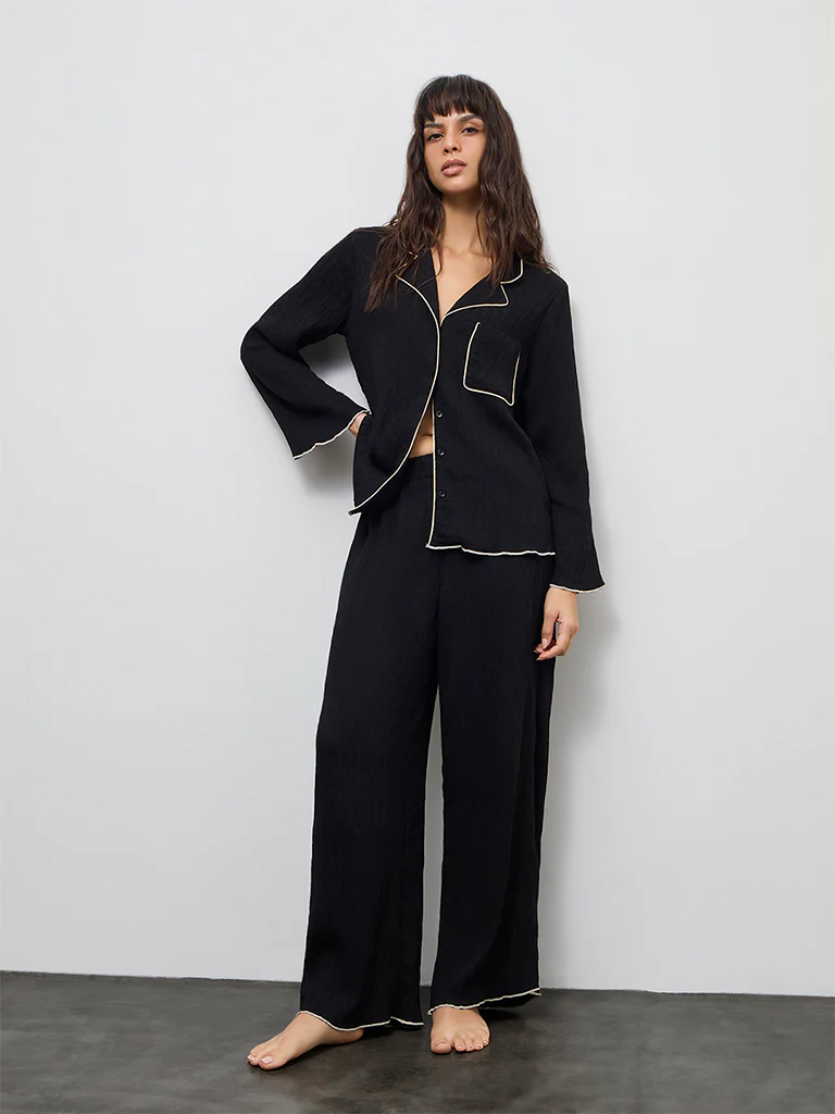 Wunderlove Black Textured Shirt with Pyjama Set