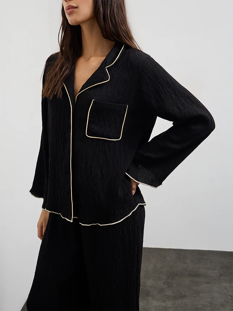Wunderlove Black Textured Shirt with Pyjama Set - Image 3