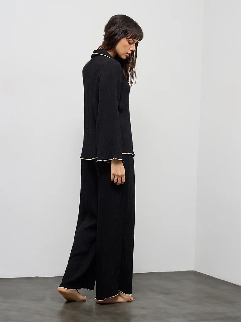 Wunderlove Black Textured Shirt with Pyjama Set - Image 4