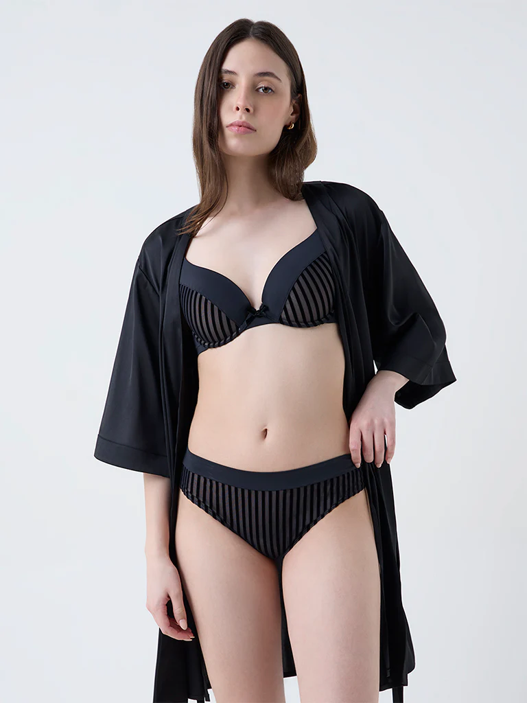 Wunderlove Black Velvet Striped Hi-Leg Briefs