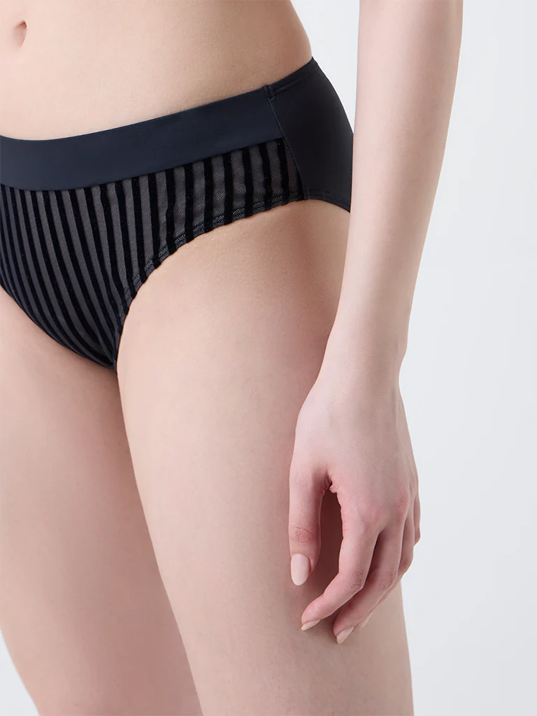 Wunderlove Black Velvet Striped Hi-Leg Briefs - Image 3