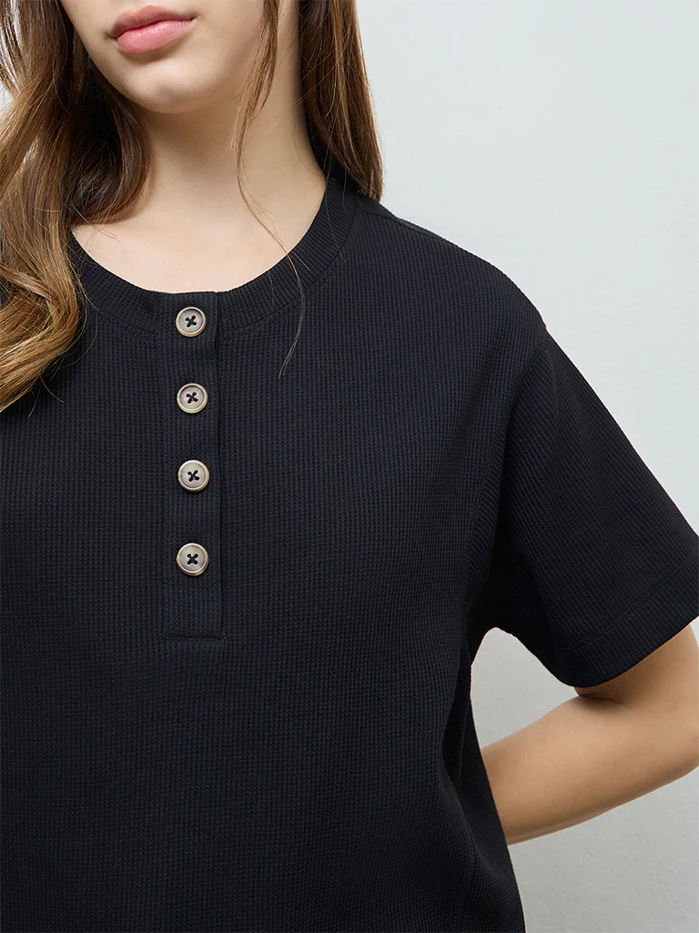 Wunderlove Black Waffle-Textured Top - Image 3