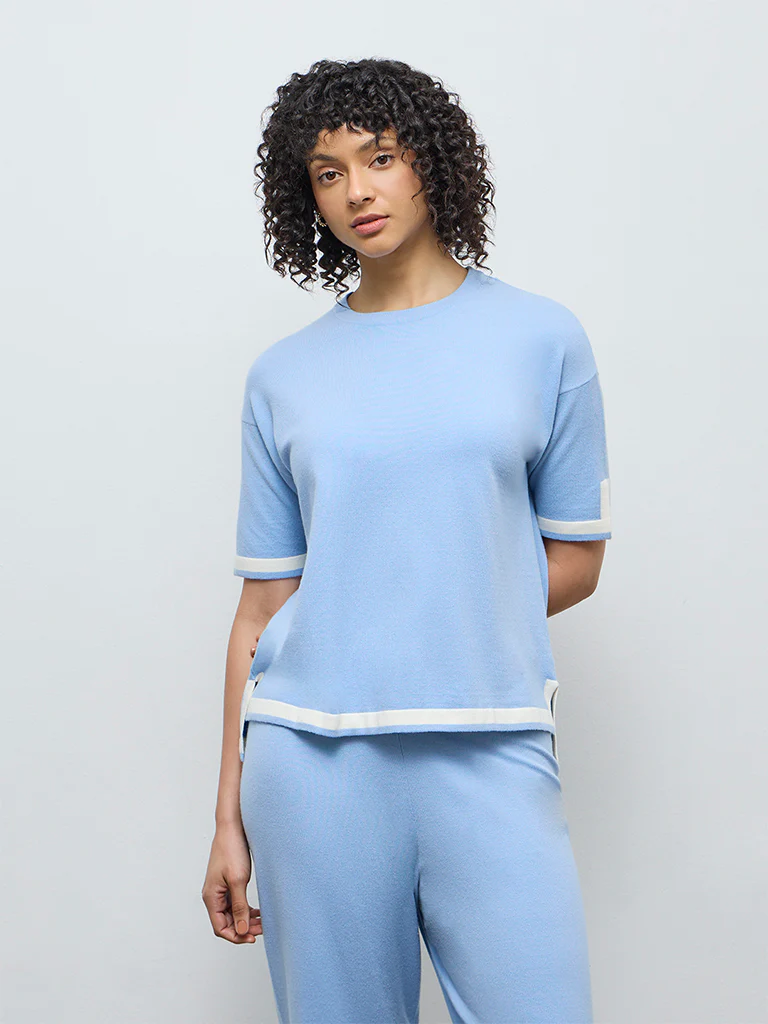 Wunderlove Blue Contrast Detailed Top