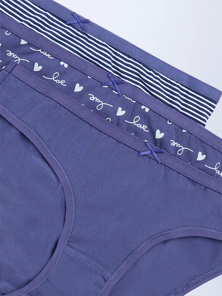 Wunderlove Blue Cotton-Blend Bikini Briefs - Pack of 3 - Image 6