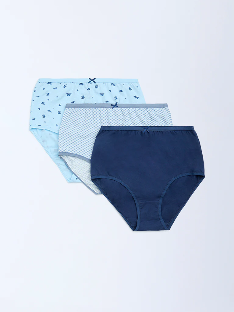 Wunderlove Blue Cotton-Blend Full Briefs - Pack of 3 - Image 2