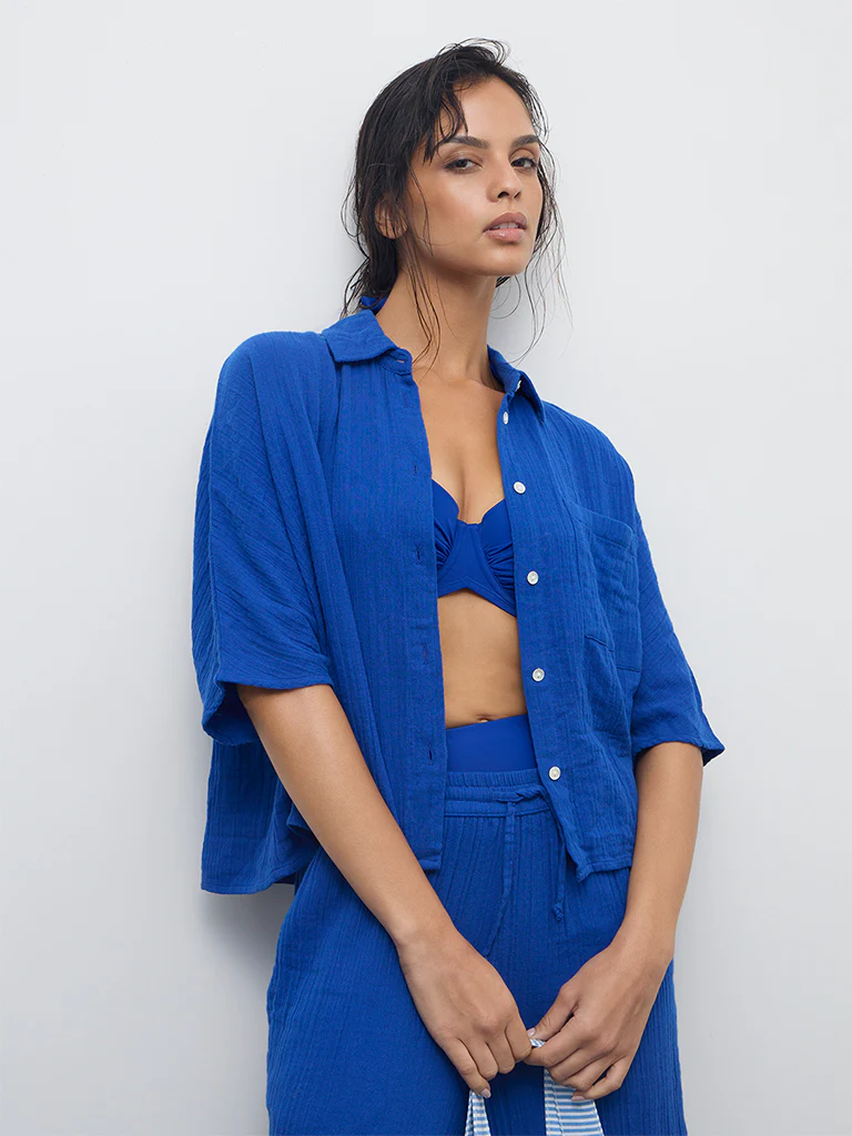 Wunderlove Blue Crinkle-Textured Cotton Beach Shirt - Image 2