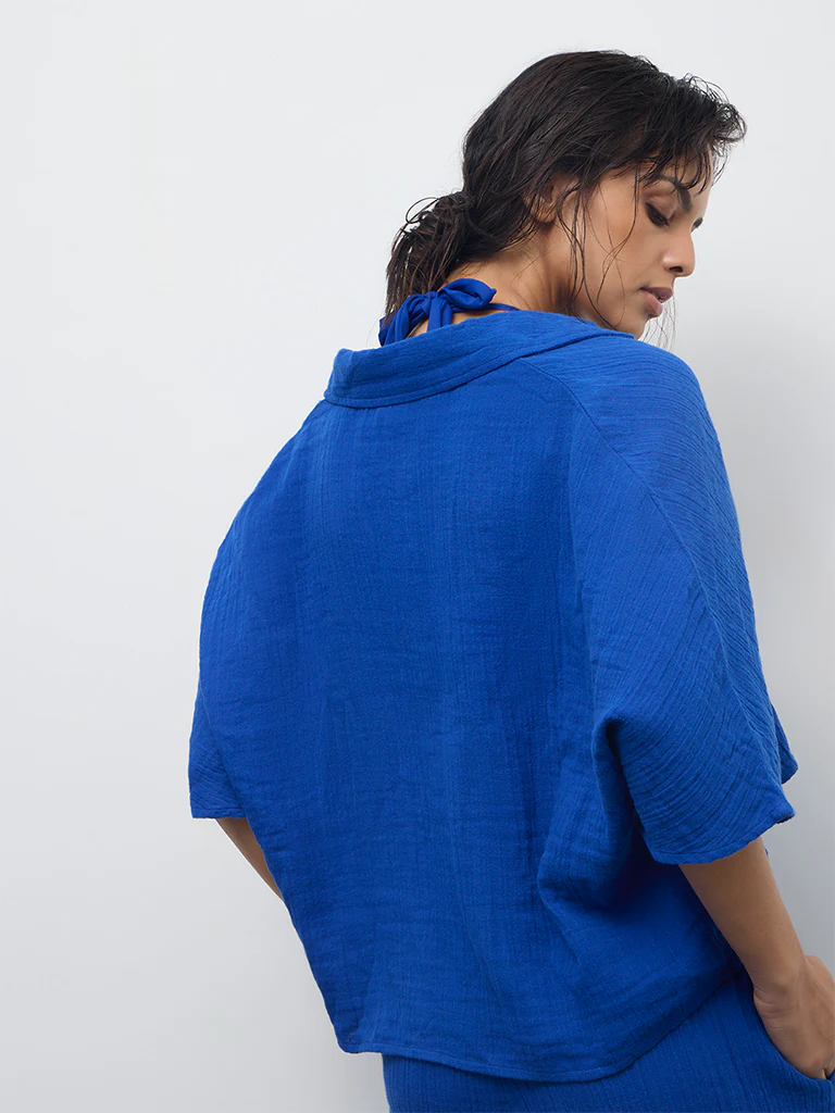 Wunderlove Blue Crinkle-Textured Cotton Beach Shirt - Image 4