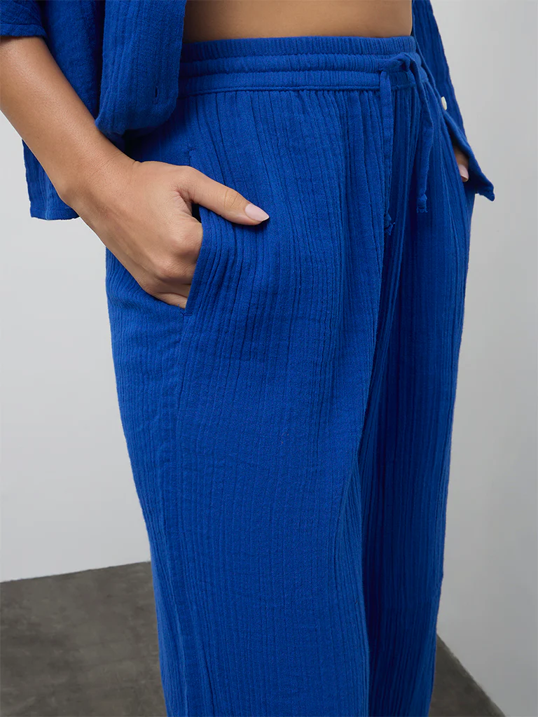 Wunderlove Blue Crinkle-Textured High-Rise Cotton Beach Pants - Image 3
