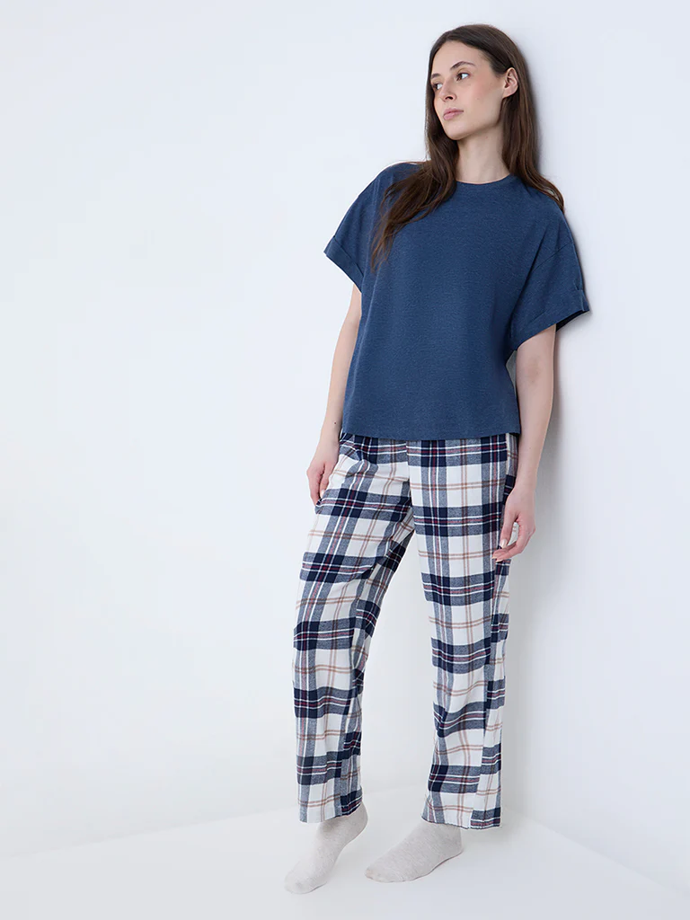 Wunderlove Blue Flannel Checkered High-Rise Cotton Pants