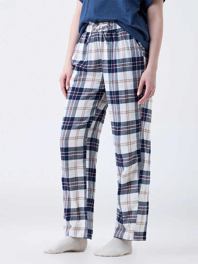 Wunderlove Blue Flannel Checkered High-Rise Cotton Pants - Image 2