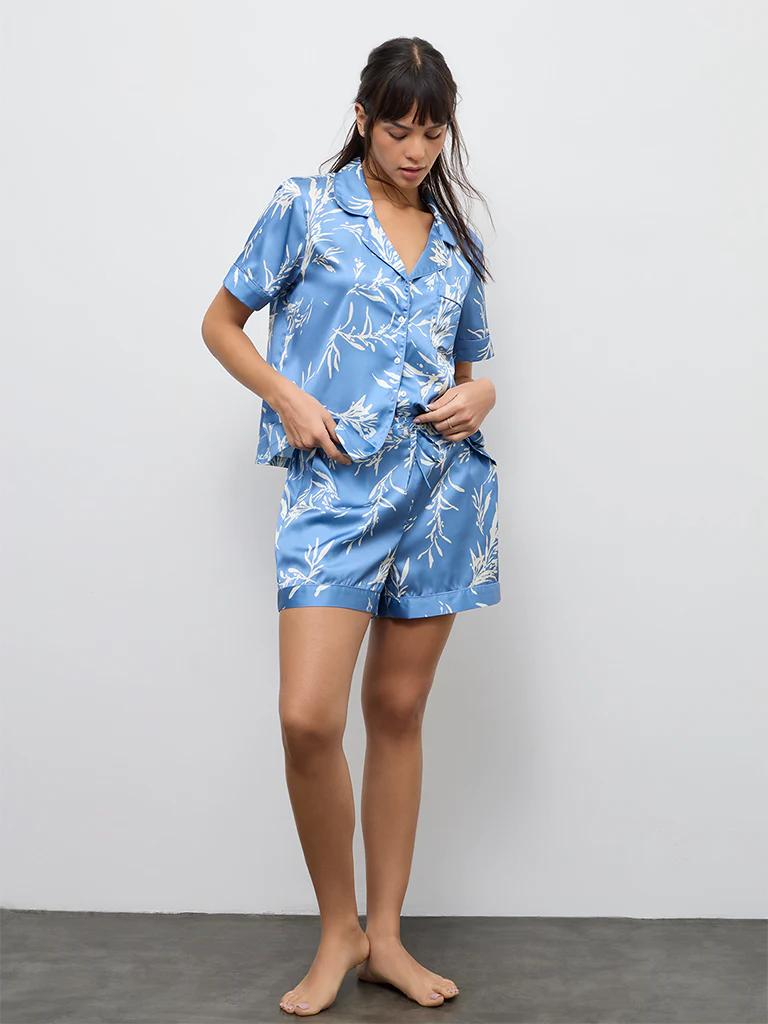 Wunderlove Blue Foliage Printed Shirt and Shorts Set