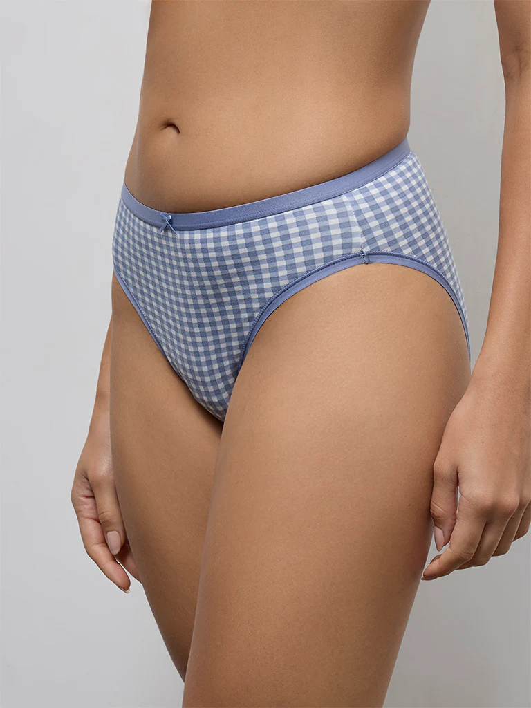 Wunderlove Blue Printed Hi-Leg Cotton-Blend Briefs - Pack of 3 - Image 2