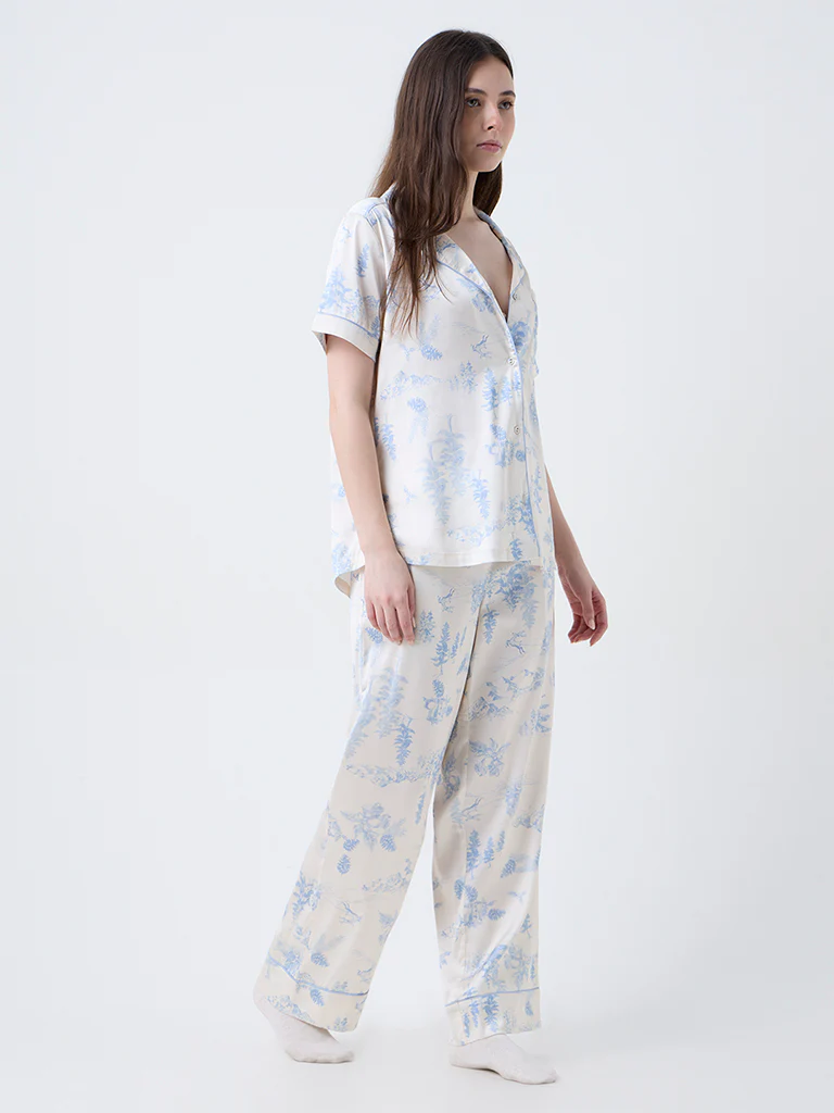 Wunderlove Blue Printed Satin Shirt and Pyjamas Set - Image 2