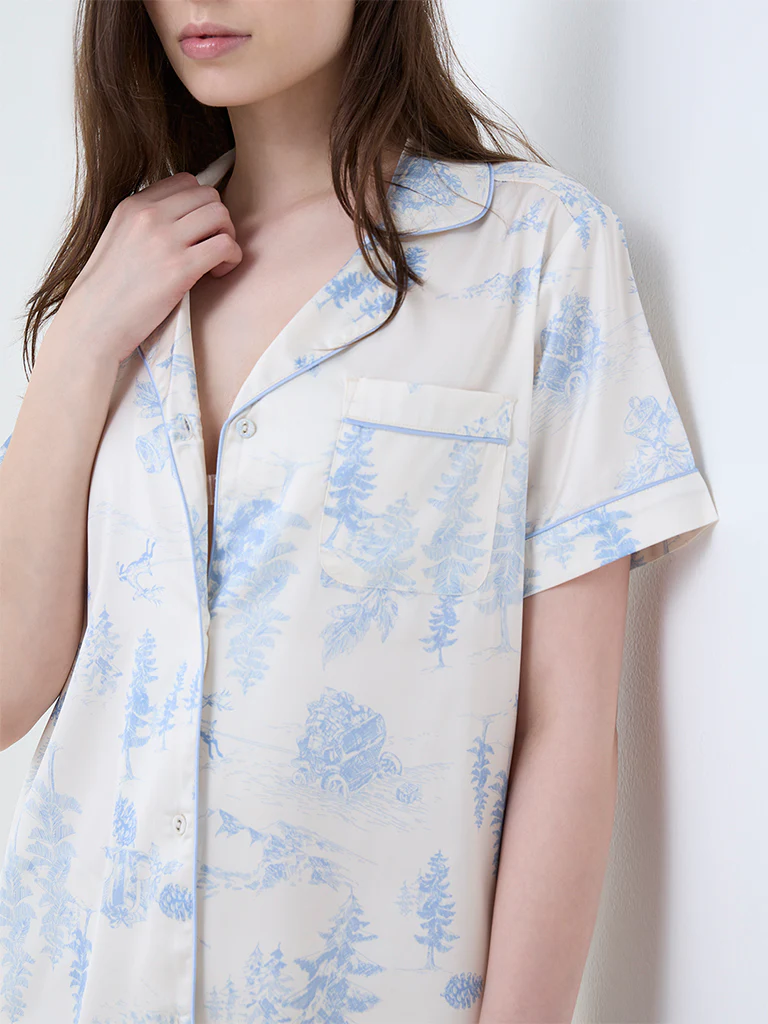 Wunderlove Blue Printed Satin Shirt and Pyjamas Set - Image 3