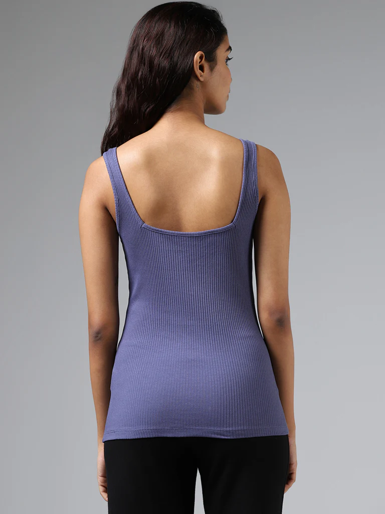 Wunderlove Blue Ribbed Square Neck Cotton-Blend Camisole - Image 4
