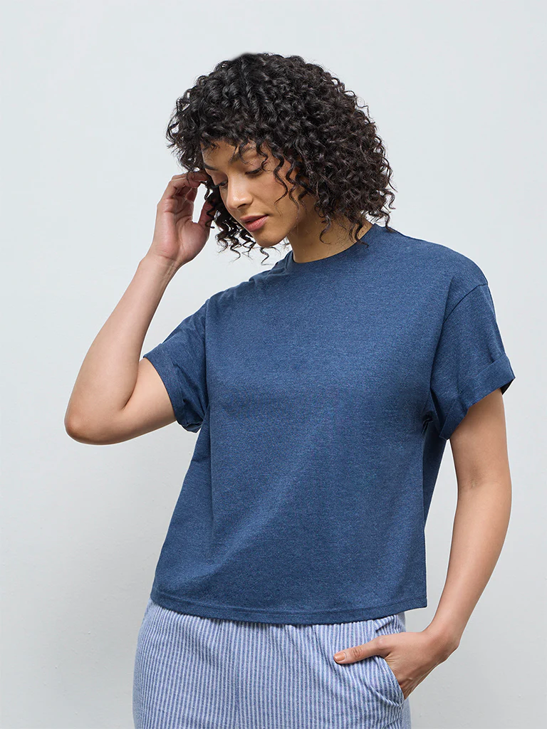 Wunderlove Blue Solid Cotton-Blend Top
