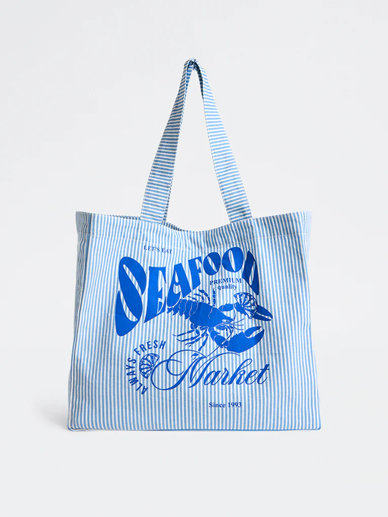 Wunderlove Blue Stripe-Printed Canvas Tote Bag