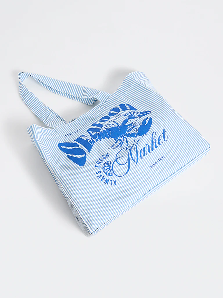 Wunderlove Blue Stripe-Printed Canvas Tote Bag - Image 2