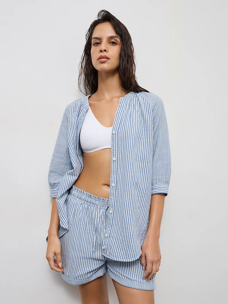 Wunderlove Blue Striped Cotton Beach Shirt