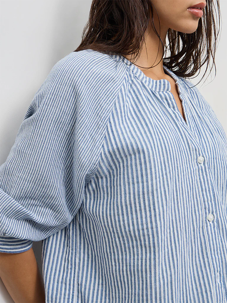 Wunderlove Blue Striped Cotton Beach Shirt - Image 3