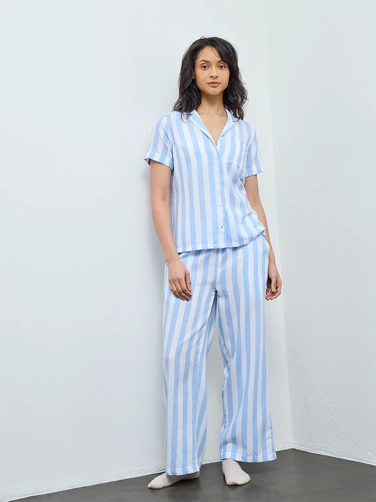 Wunderlove Blue Striped Cotton Shirt and Pyjama Set