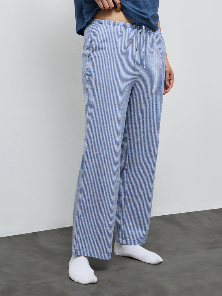 Wunderlove Blue Striped High-Rise Cotton-Blend Pants - Image 2
