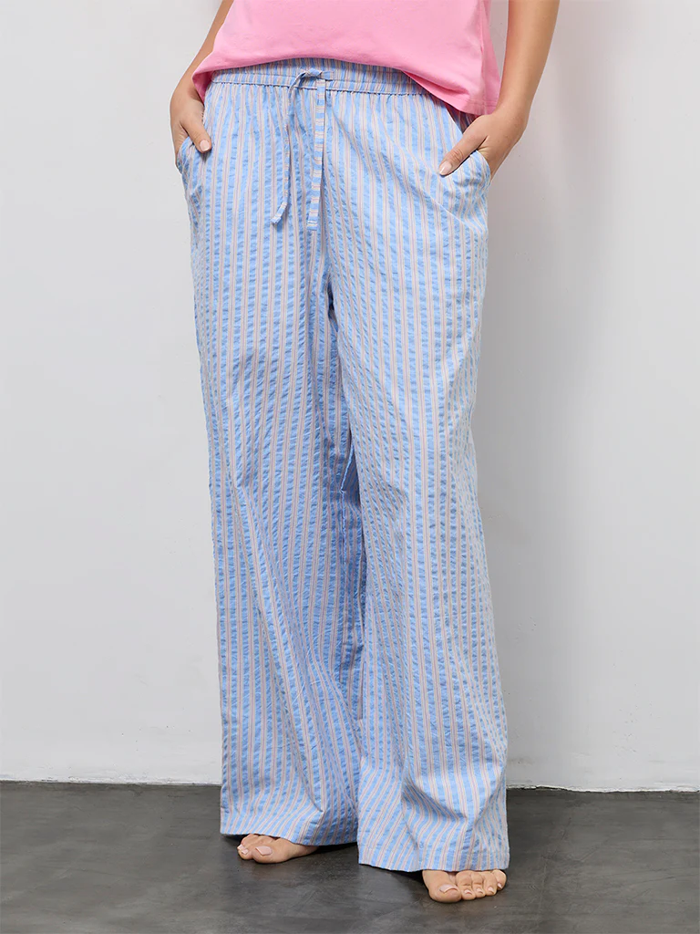 Wunderlove Blue Striped High-Rise Cotton-Blend Pants - Image 2
