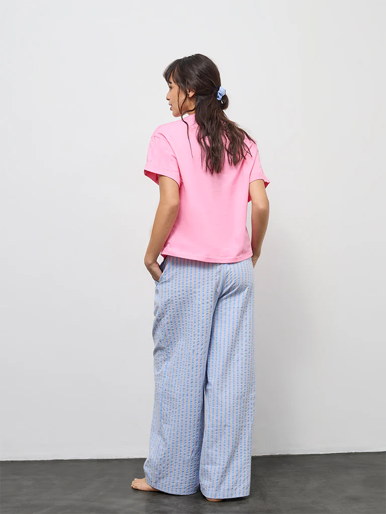 Wunderlove Blue Striped High-Rise Cotton-Blend Pants - Image 4