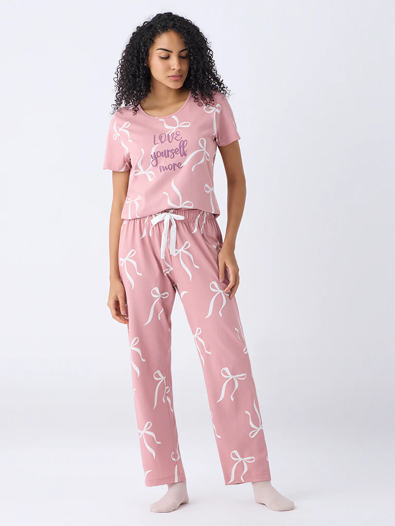 Wunderlove Blush Pink Cotton-Blend T-Shirt and Pyjama Set - Image 2