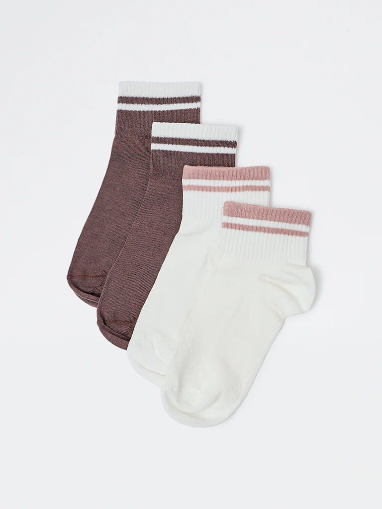 Wunderlove Brown and Ivory Cotton-Blend Ankle-Length Socks - Pack of 2 - Image 2