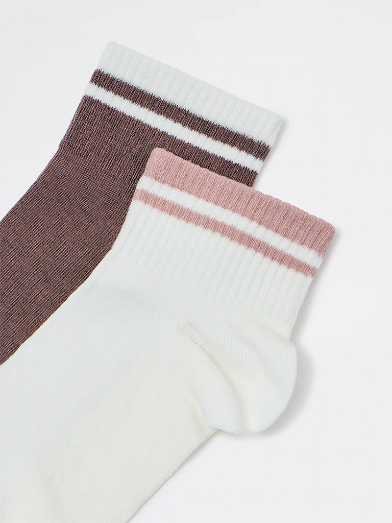 Wunderlove Brown and Ivory Cotton-Blend Ankle-Length Socks - Pack of 2 - Image 3