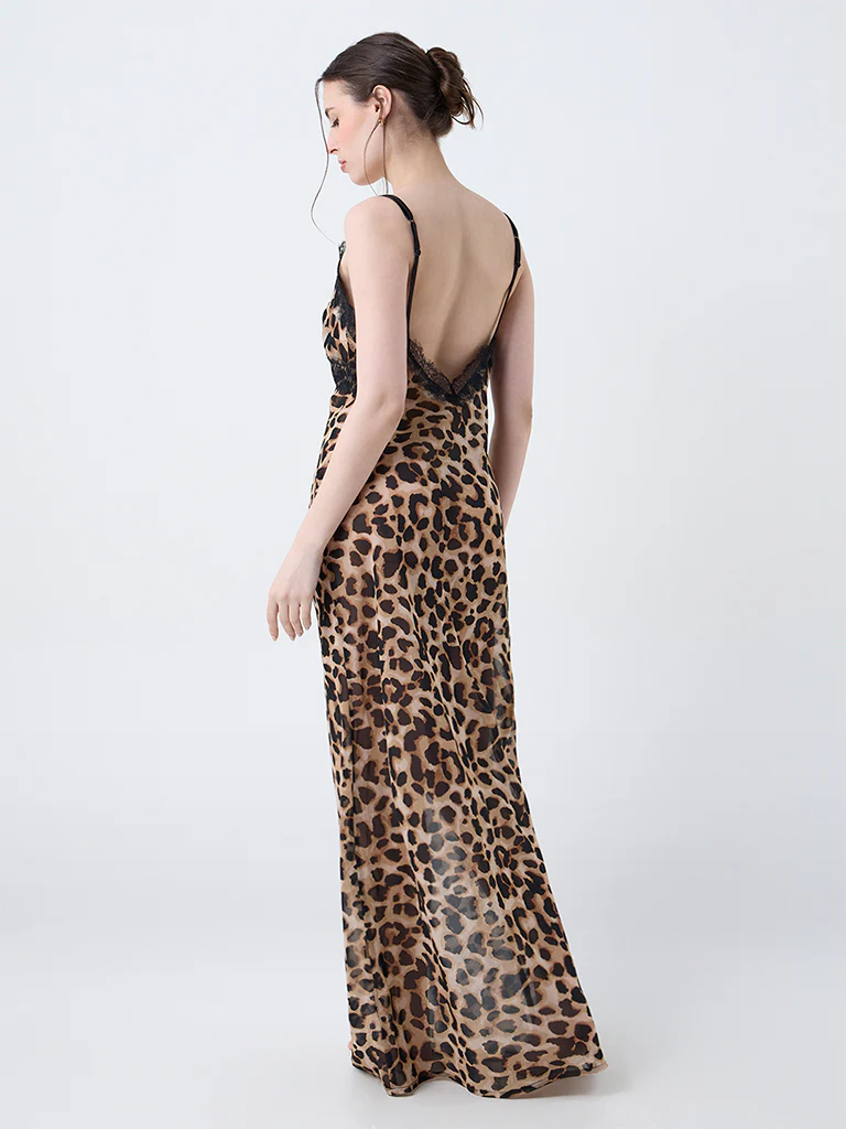 Wunderlove Brown Animal Printed Slip Dress - Image 4