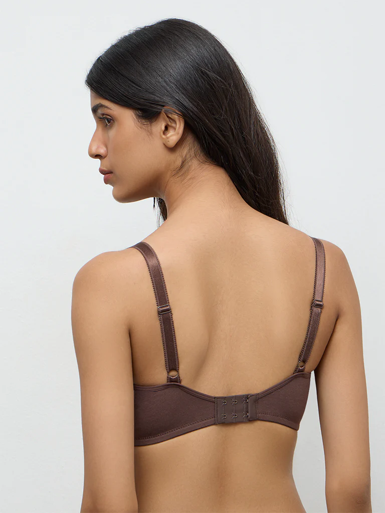 Wunderlove Brown Broderie Anglaise Non-Padded Cotton-Blend Bra - Image 4