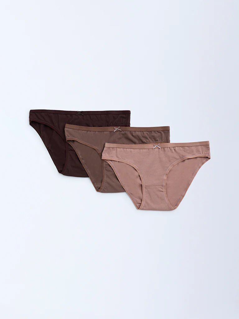 Wunderlove Brown Cotton-Blend Bikini Briefs – Pack of 3 - Image 2