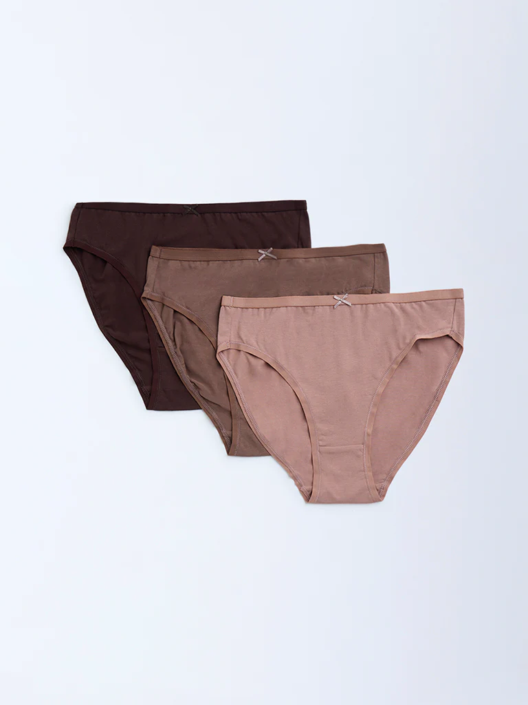 Wunderlove Brown Cotton-Blend Hi-Leg Briefs – Pack of 3 - Image 2