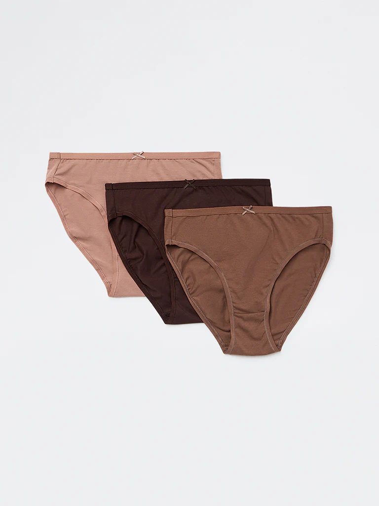 Wunderlove Brown Cotton-Blend Hi-Leg Briefs - Pack of 3
